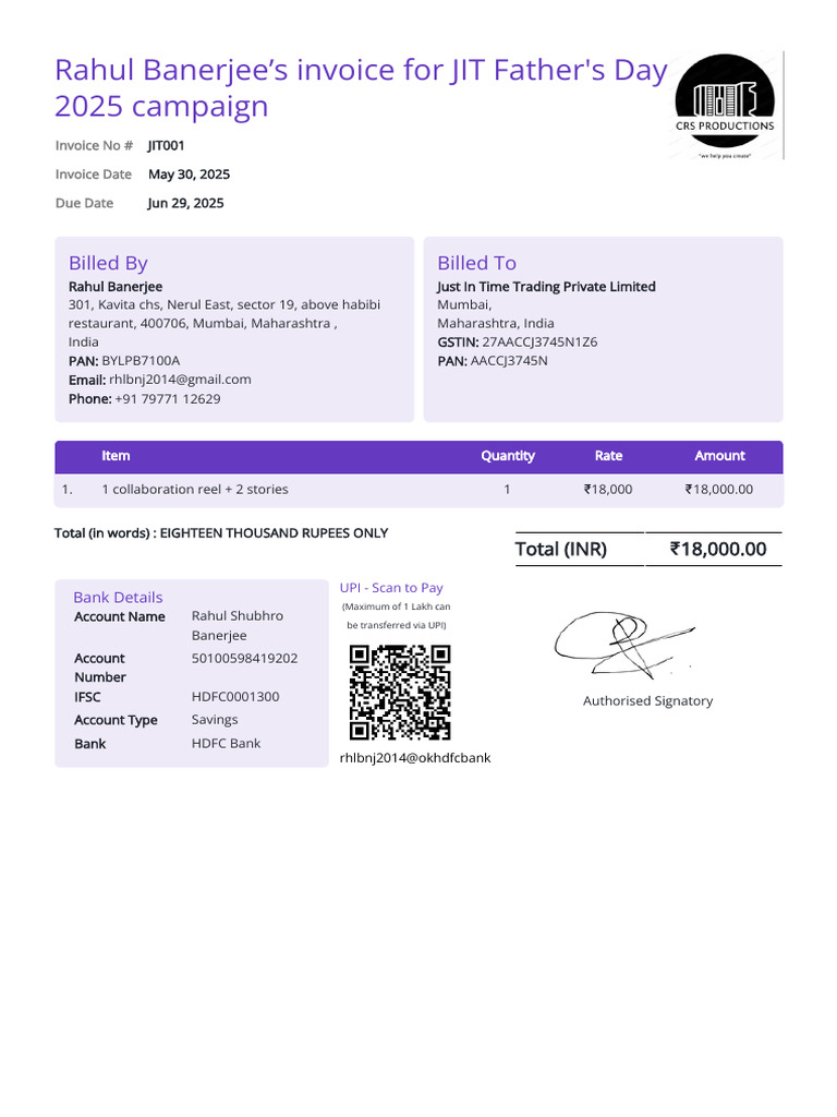 Invoice Jit001 Rahul Banerjee Just in Time Trading Private Limited | PDF