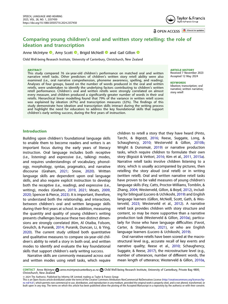 Comparing Young Children's Oral and Written Story Retelling The Role of ...