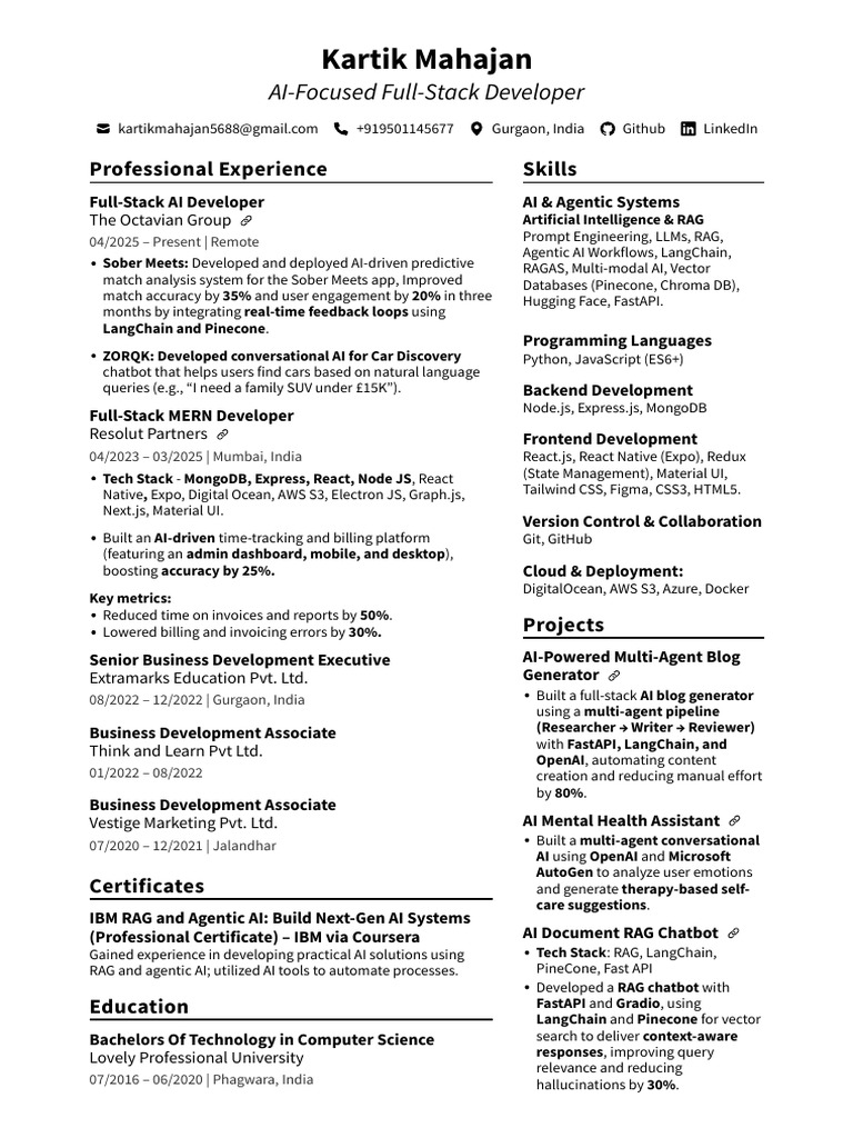 Kartik Mahajan AI Developer Resume | PDF | Artificial Intelligence ...
