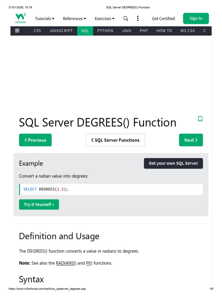 SQL Server DEGREES Function | PDF | Php | J Query