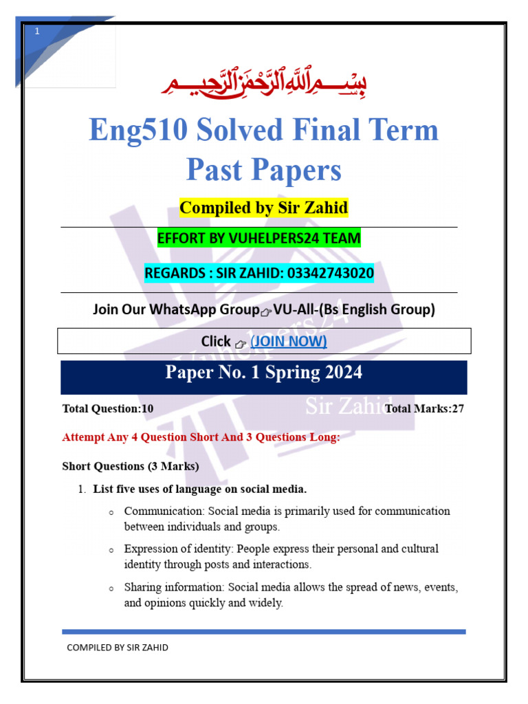 Eng510 Solved Final Term Past Papers Compiled by Sir Zahid, Vuhelpers24 ...