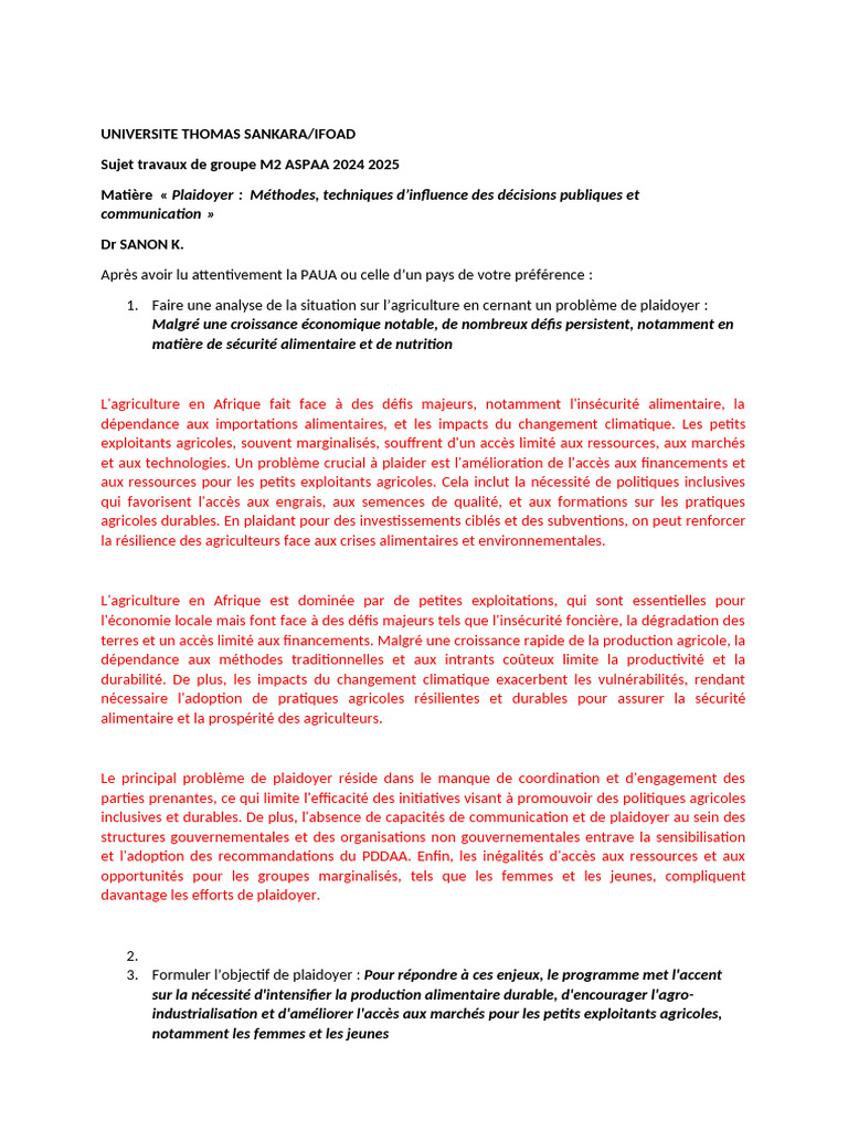 Sujet Plaidoyer Travaux de Groupe Ifoad 2025universite Thomas Sankara ...
