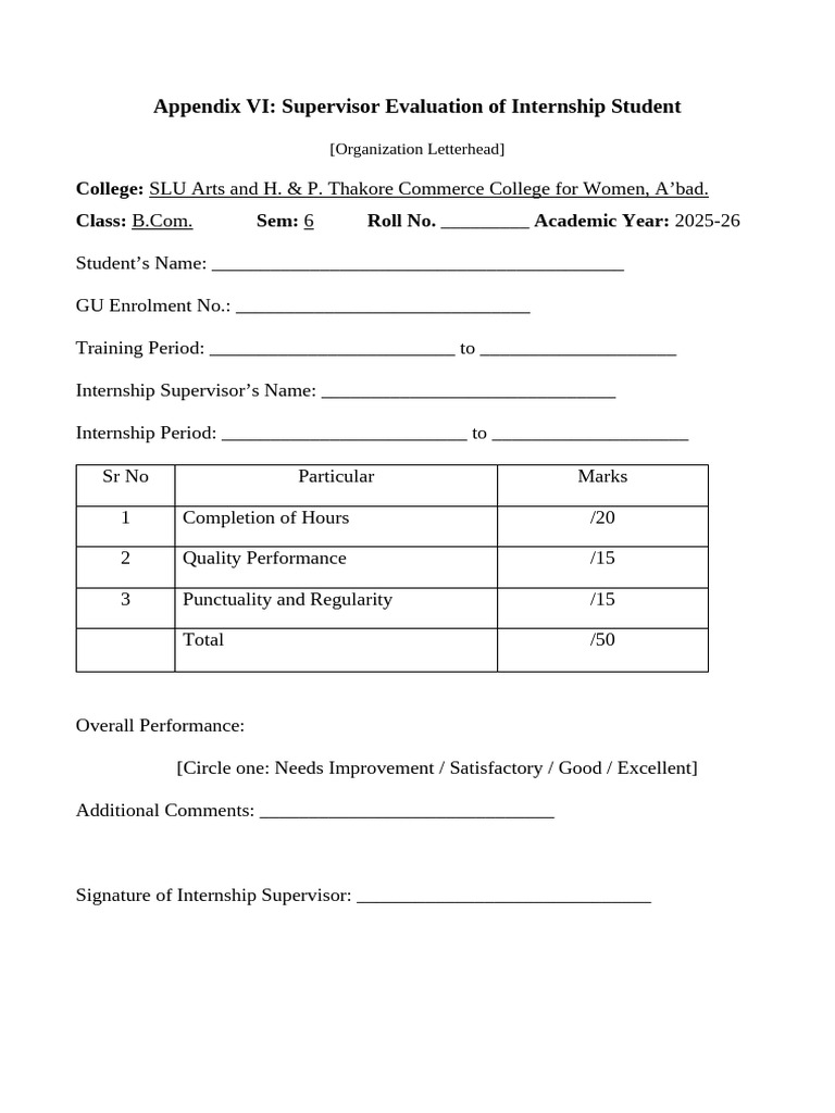 Internship Annexure-6 - Supervisor Report | PDF