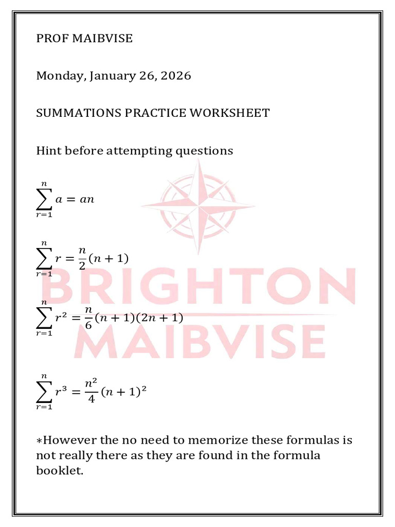 Summations Practice Worksheet | PDF | Mathematics | Series (Mathematics)