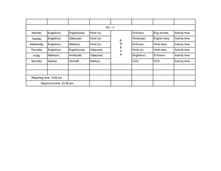 Timetable Pre-Primary - KG I A-1 | PDF