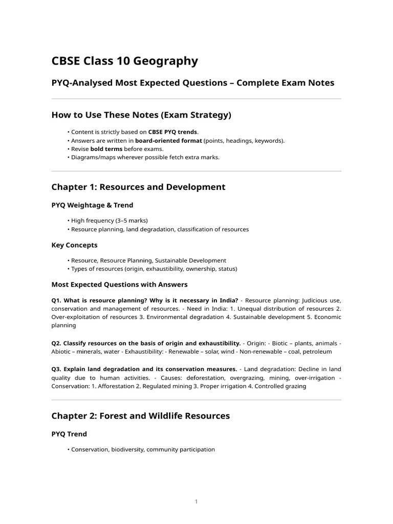 Class 10 Geography - Pyq Analysed Most Expected Questions (Complete ...