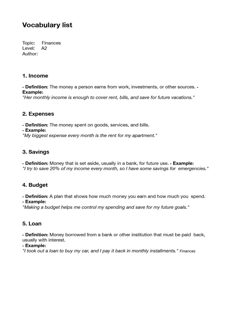 Vocabulary List Finance | PDF | Credit Card | Interest