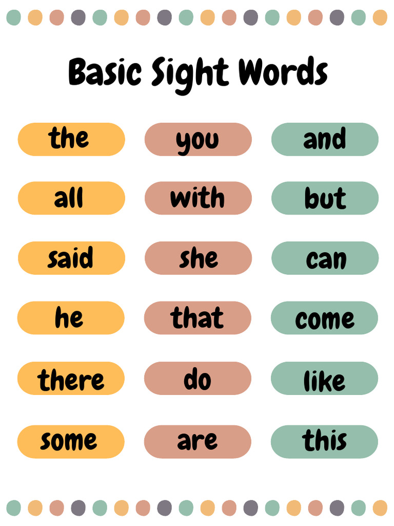 Colorful Simple Aesthetic Basic Sight Words English Poster | PDF