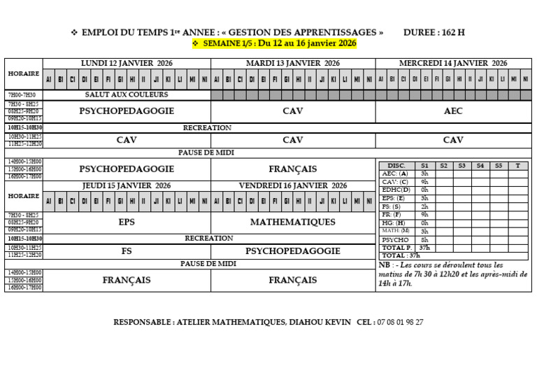 Emploi Du Temps 1re An Gestion Des Apprentissages-1 | PDF