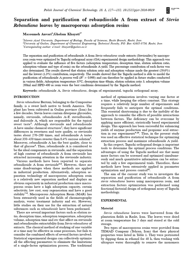 Stevia Extract References | PDF | Adsorption | Chemistry