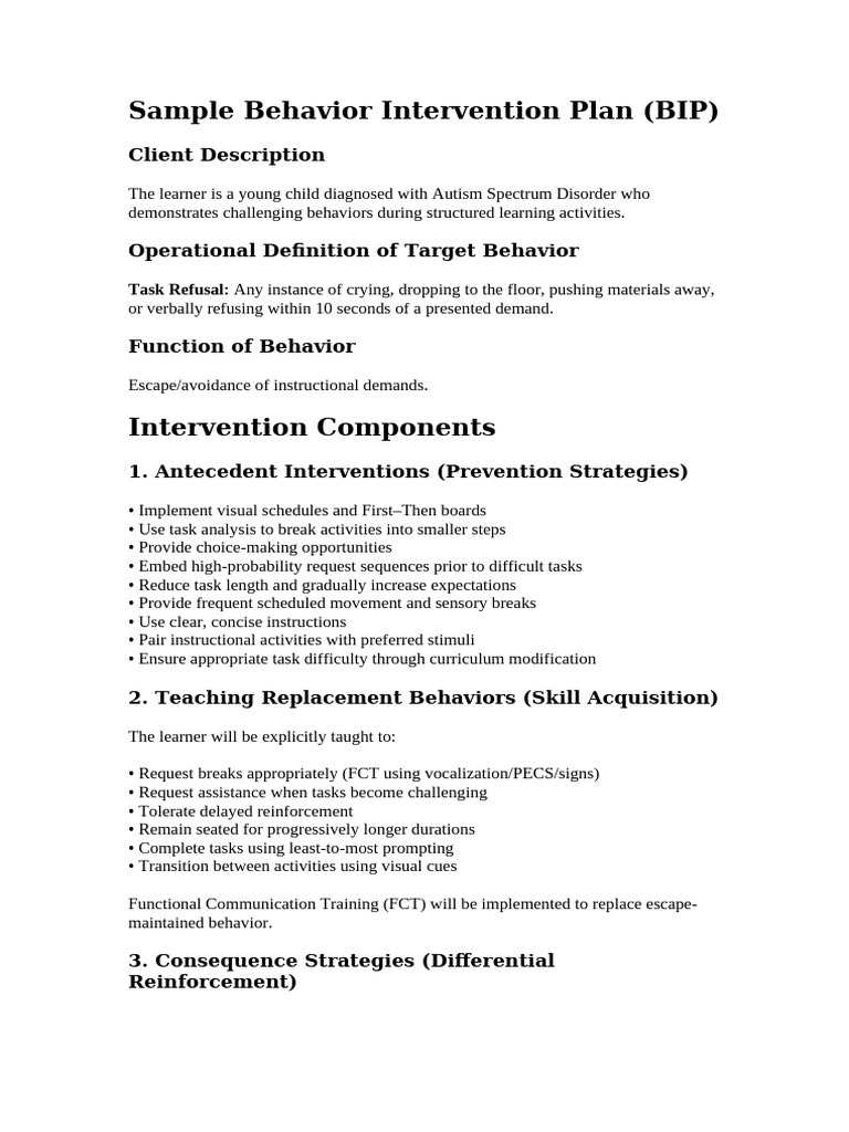 Sample Behavior Intervention Plan | PDF | Reinforcement | Psychological ...