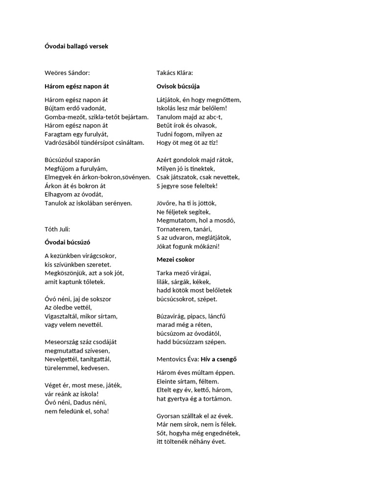 Óvodai Ballagó Versek | PDF