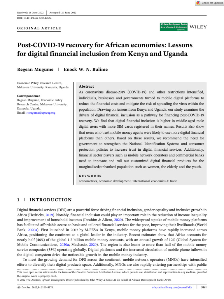 African Development Review - 2022 - Mugume - Post COVID 19 Recovery For ...