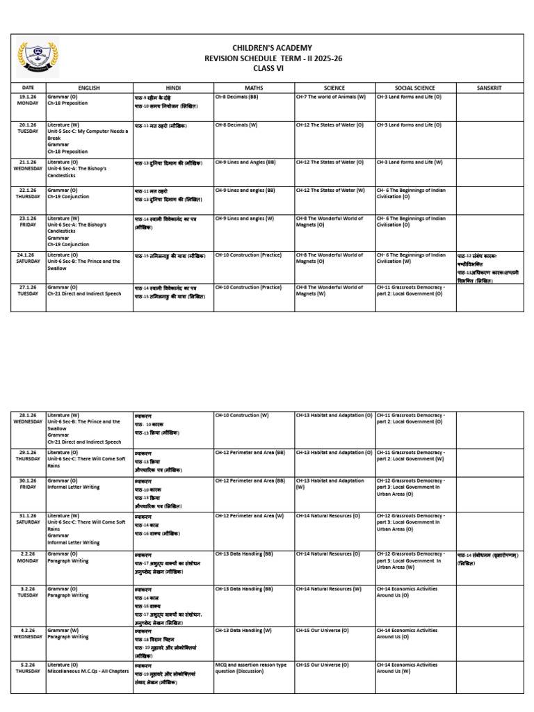 Revision Schedule - Class 6 - Term-II - 2025-26 - F | PDF | Linguistics