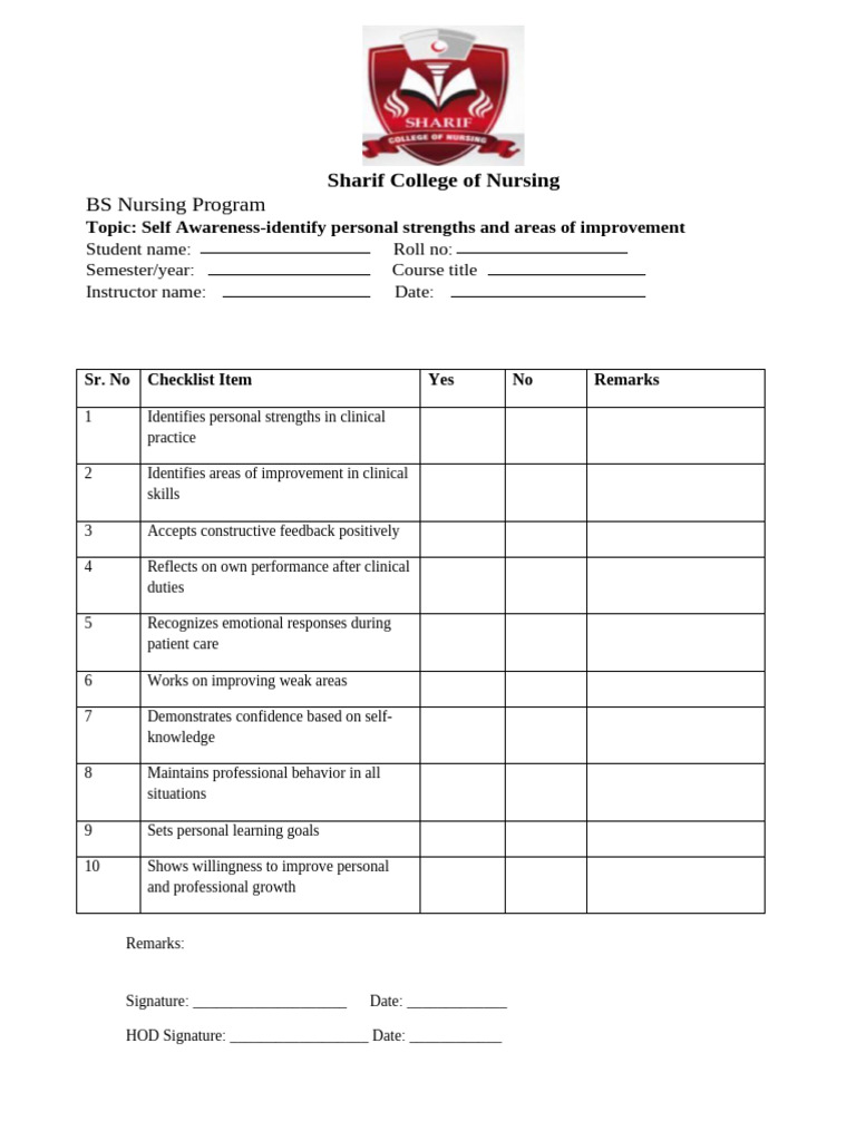 Self - Awareness - Checklist 2nd Sem | PDF