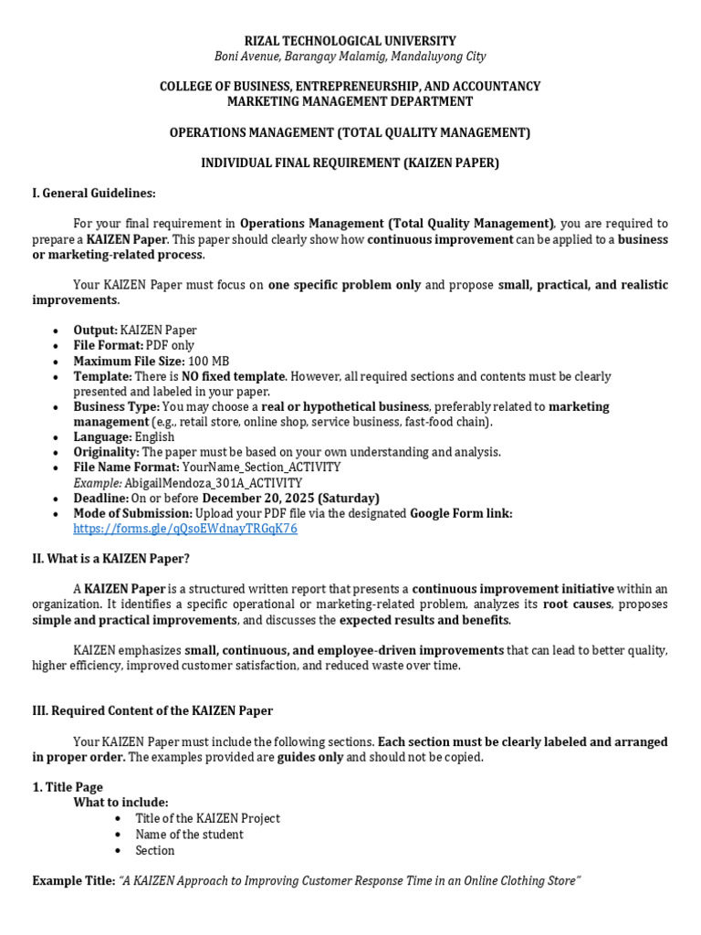Individual Final Requirement Kaizen Paper | PDF | Quality Management ...