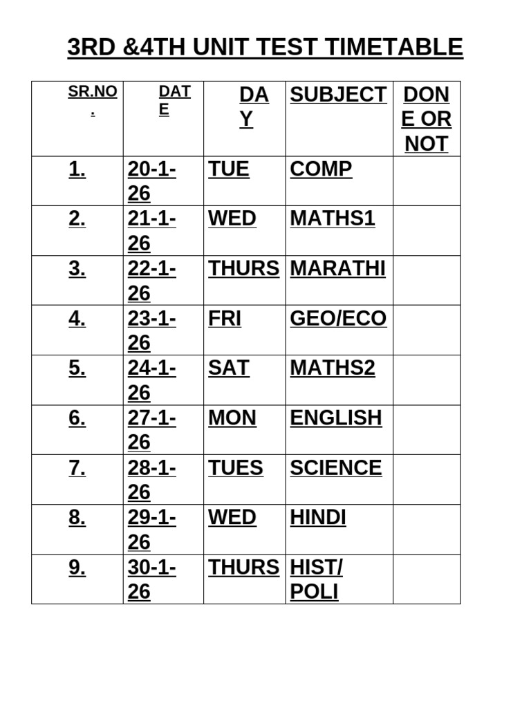 3&4 Unit Test Timetable | PDF