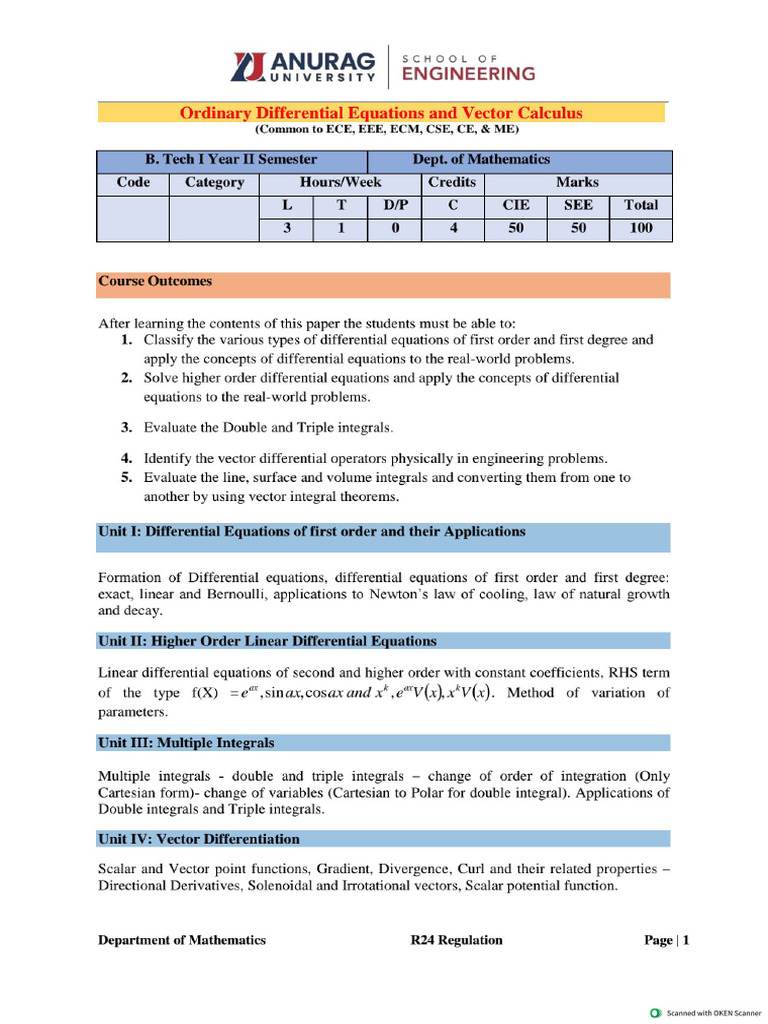 R24 Ordinary Differential Equations and Vector Calculus(1)_1 | PDF