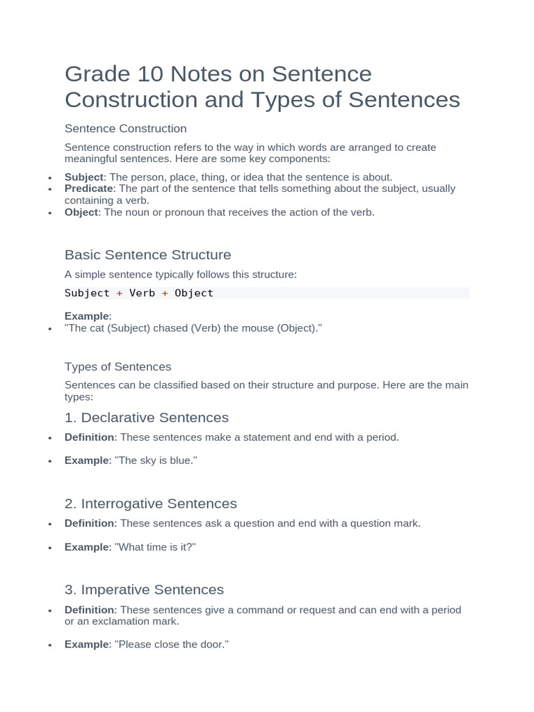 Grade 10 Notes On Sentence Construction and Types of Sentences | PDF ...