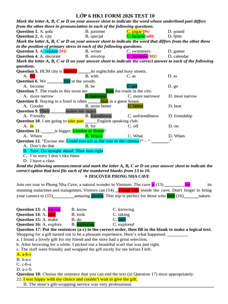 L P 6 Hk1 Form 2026 Test 10 Key | PDF