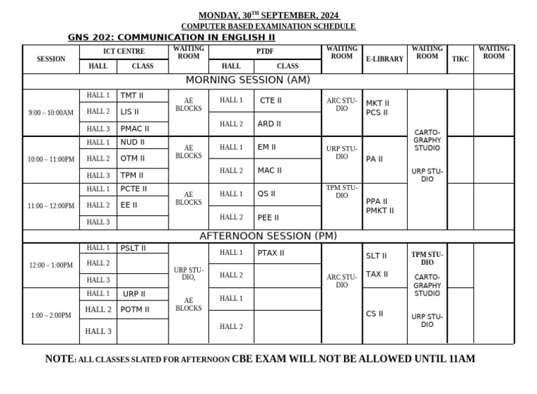 Cbe Schedule Mon 30 Sept 2024c | PDF