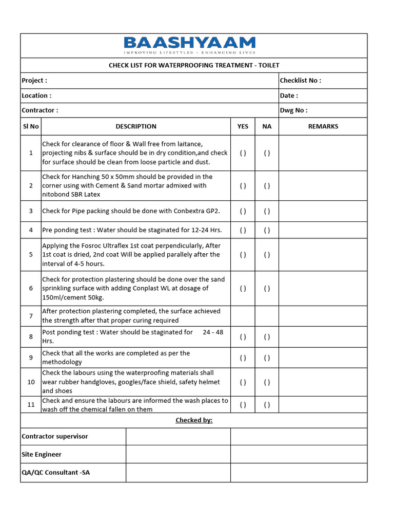 Checklist For Waterproofing Works | PDF
