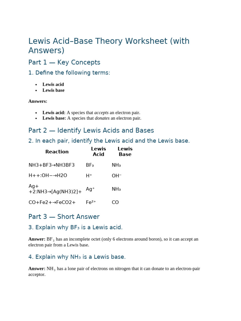 Worksheet - Lewis Acid Base Theory (Grade 11) Answers | PDF