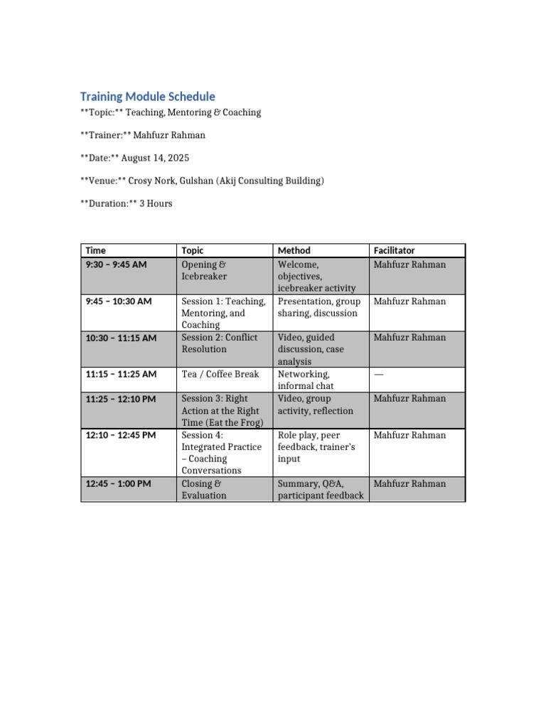 Training Module Schedule | PDF