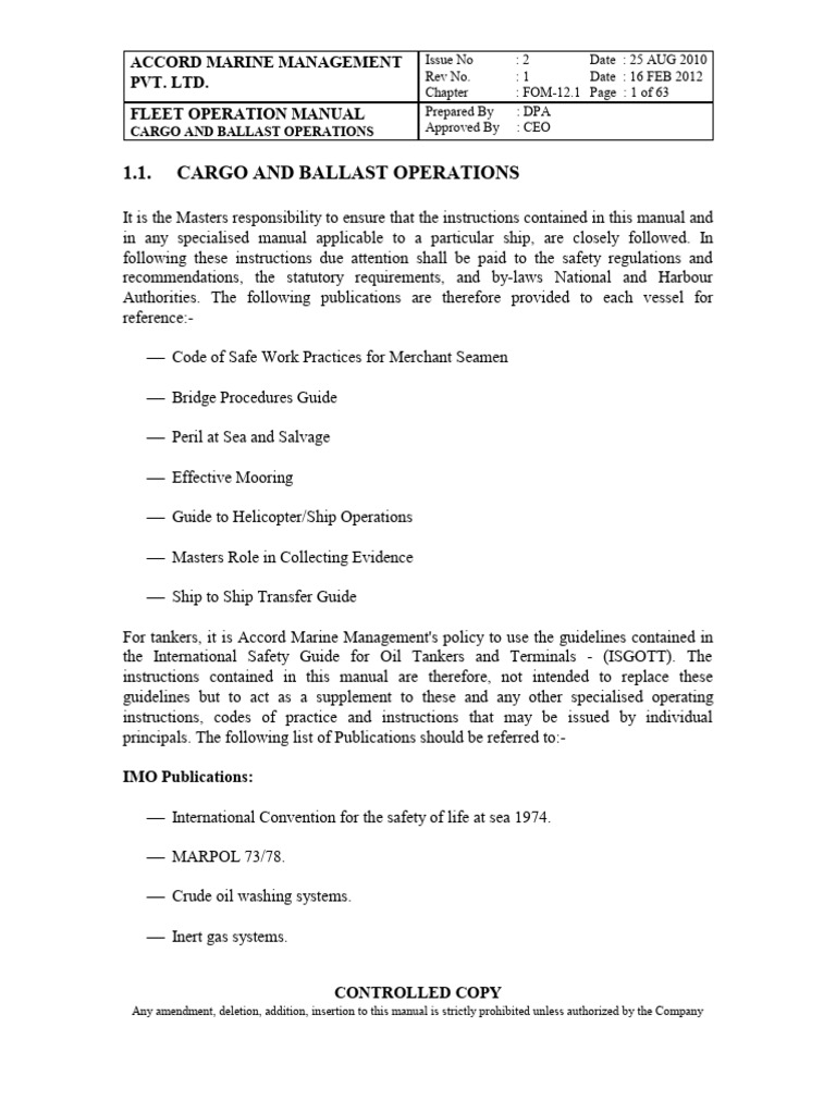 Fleet Operation Manual Cargo and Ballast | PDF | Oil Tanker