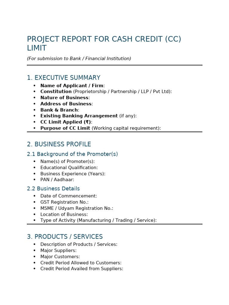 Cash Credit (CC) Project Report - Draft Format | PDF | Business ...