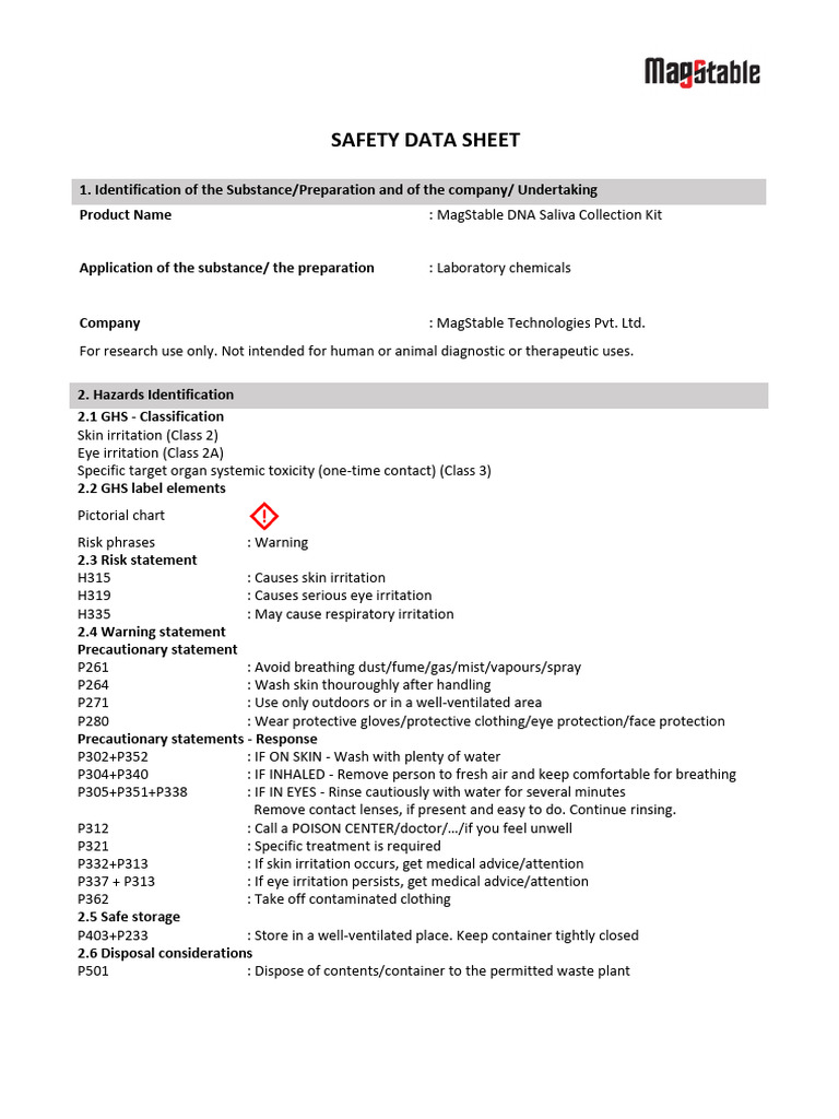 MSDS MagStable Saliva Collection Kit Edited | PDF | Toxicity | Personal ...