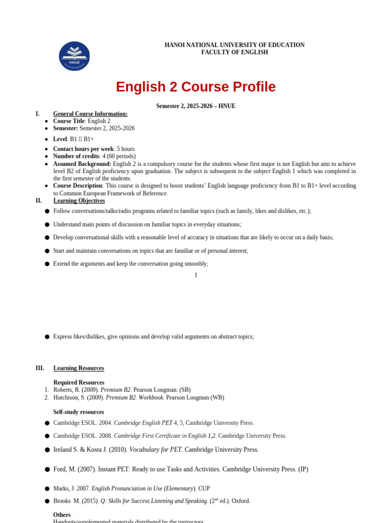 25-26 - Course Profile - TA2 (NGHE NÓI) - SV | PDF | Human ...