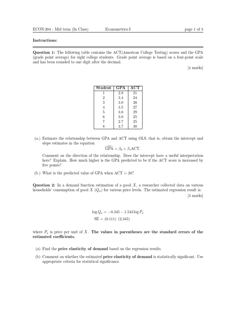 5 DEC Mid Term Econometrics 1 Set 1 in Class | PDF | Regression ...