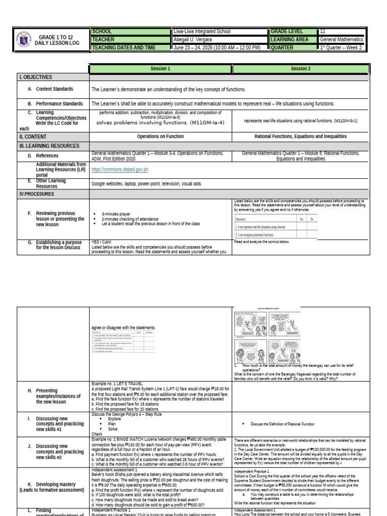 General Math - DLL - 1st Quarter-W2 | PDF | Learning | Mathematics