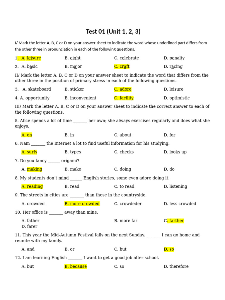 Test 01 - Unit 1-2-3-Global | PDF | Hobbies