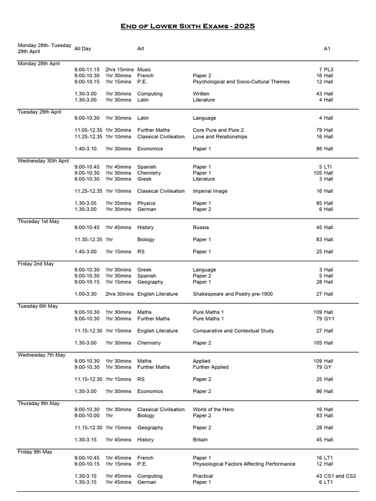 2024-25 Year 12 End of Year Timetable | PDF | Liberal Arts Education