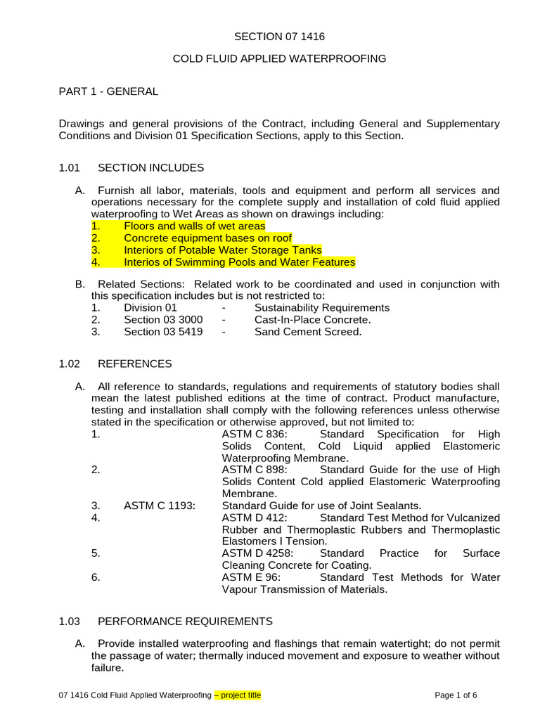07 1416 - Cold Fluid Applied Waterproofing | PDF | Concrete | Coating