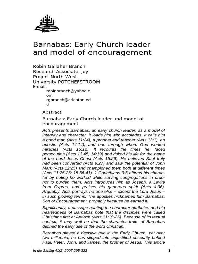 Barnabas Early Church Leader and Model of Encourag | PDF | Acts Of The ...