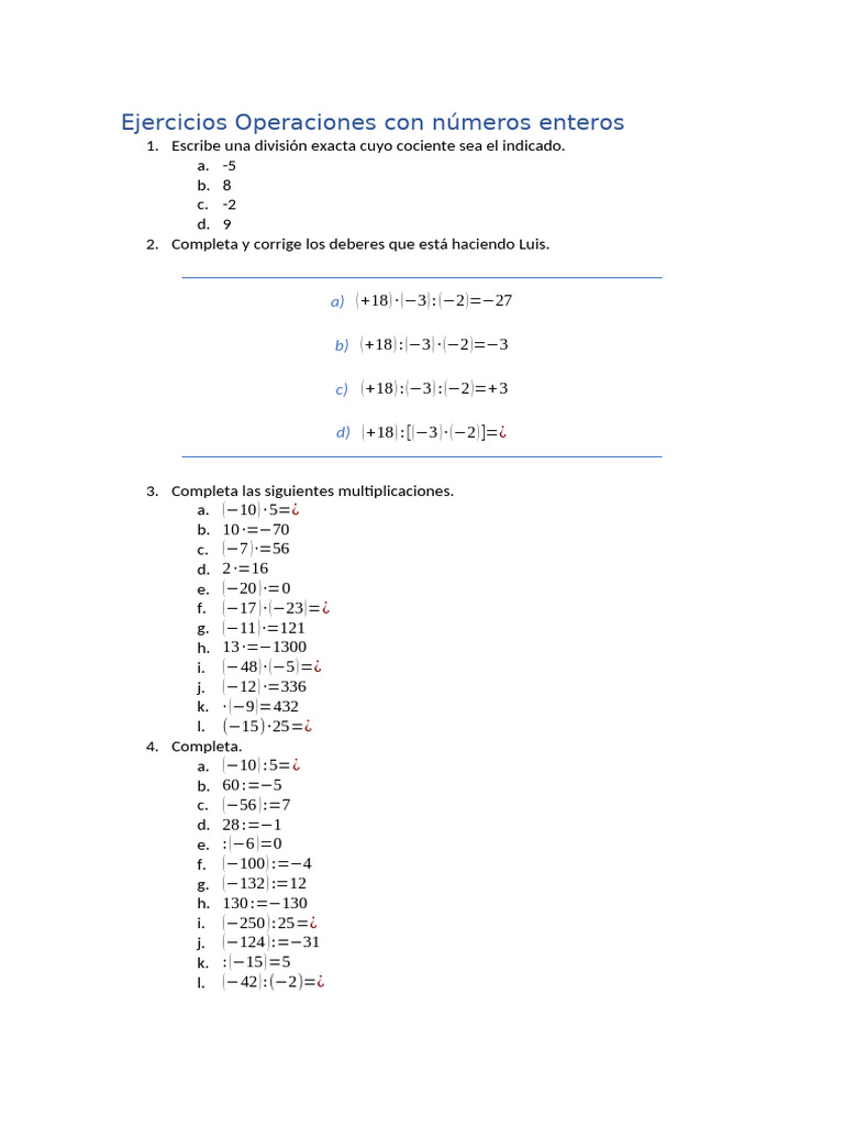 Ejercicios Operaciones Con Números Enteros (X, ) | PDF | Entero ...