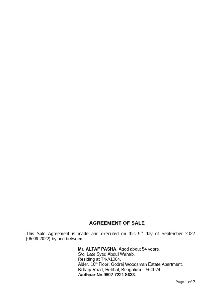 Altaf Pasha - Sale Agreement | PDF | Deed | Common Law
