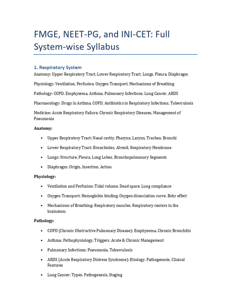 Whole Fmge Neet PG Ini Cet Full Syllabus | PDF | Respiratory Tract | Heart