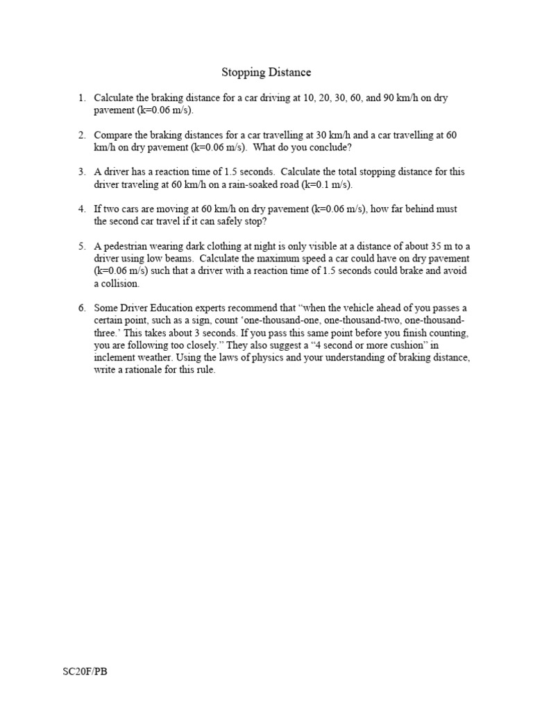 Stopping Distance Worksheet | PDF