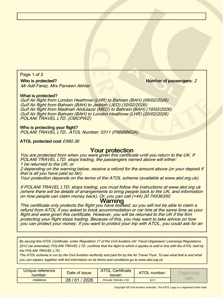 ATOL Certificate | PDF | Civil Aviation