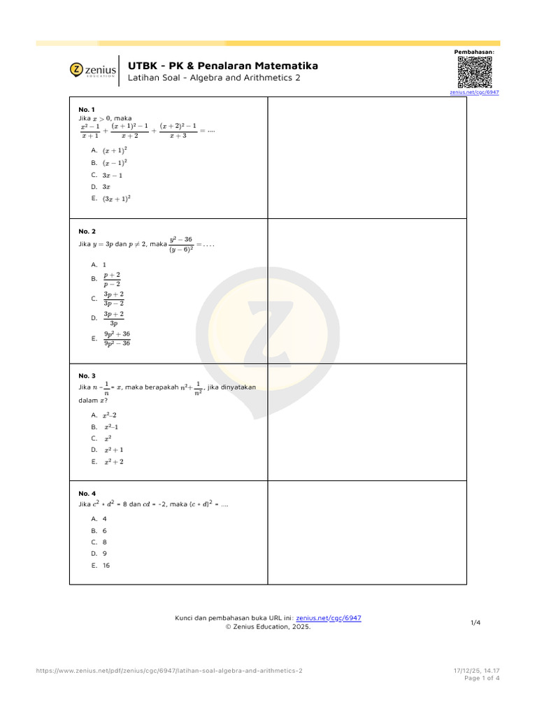 Latihan Soal - Algebra and Arithmetics 2 - Zenius Education | PDF