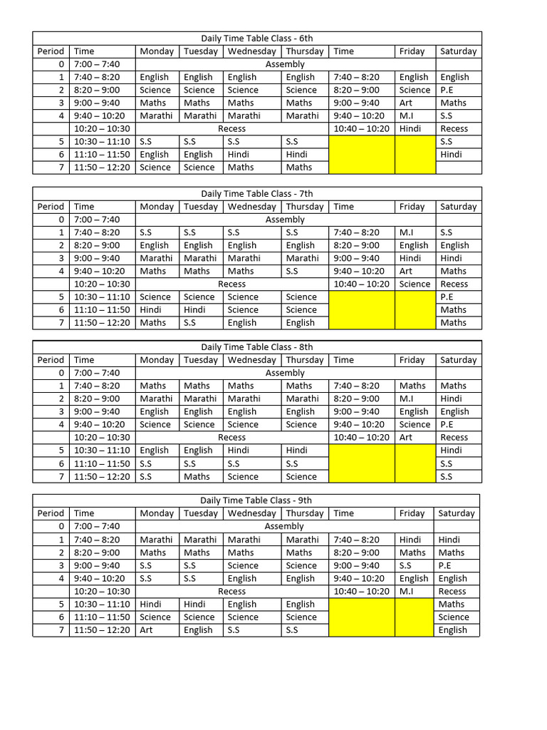 Term 2 Daily Time Table Class | PDF