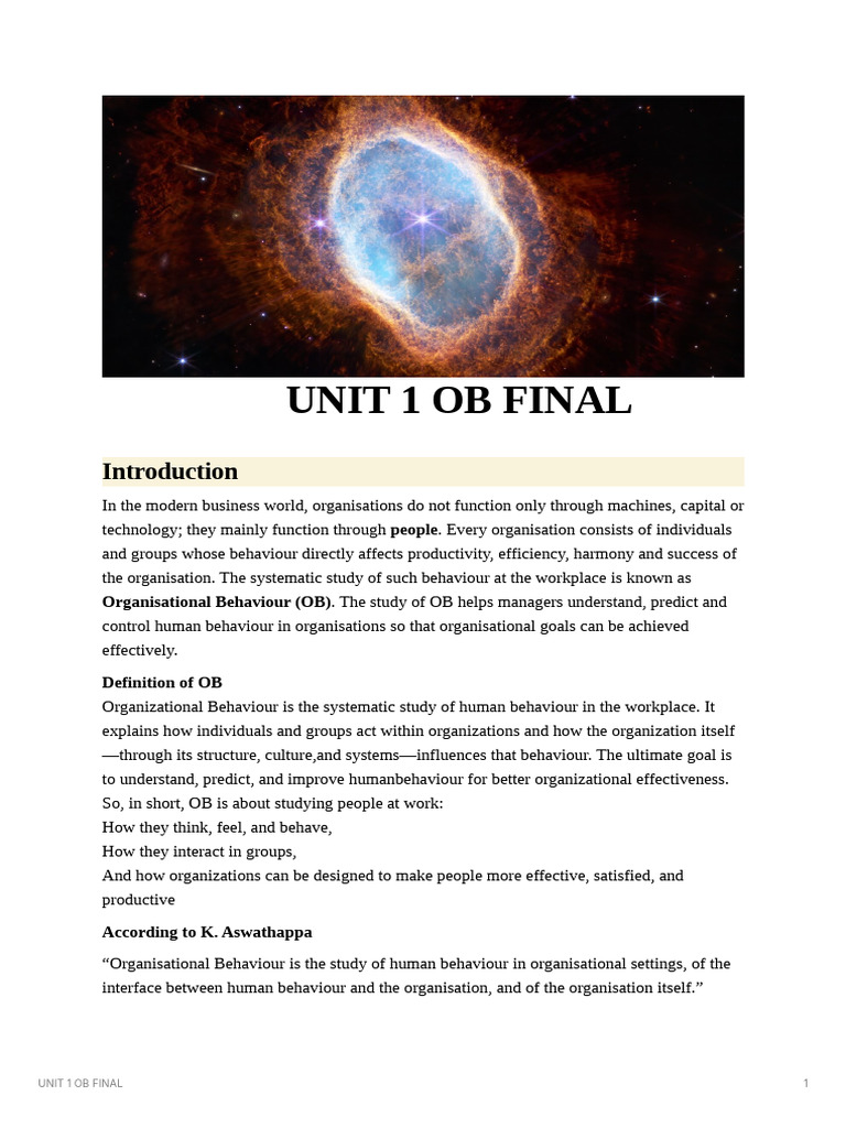 Unit 1 Ob Final | PDF | Organizational Behavior | Workforce Productivity