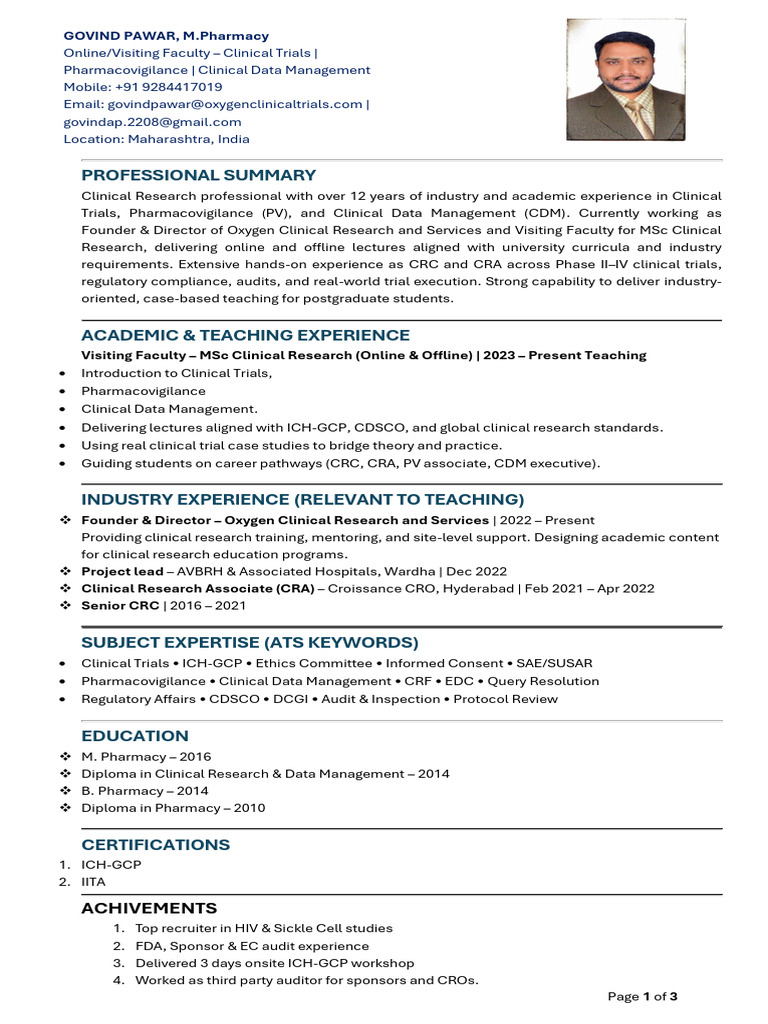 Govind Pawar CV (1) | PDF | Clinical Trial | Pharmacovigilance
