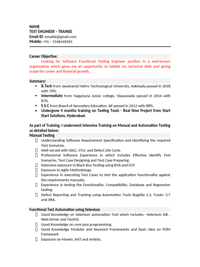 Name Test-Engineer Trainee | PDF | Selenium (Software) | Software ...