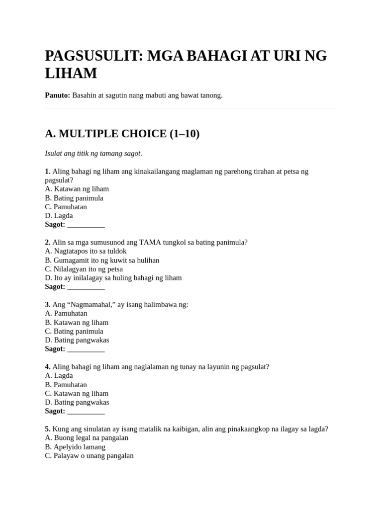 Pagsusulit Sa Filipino | PDF