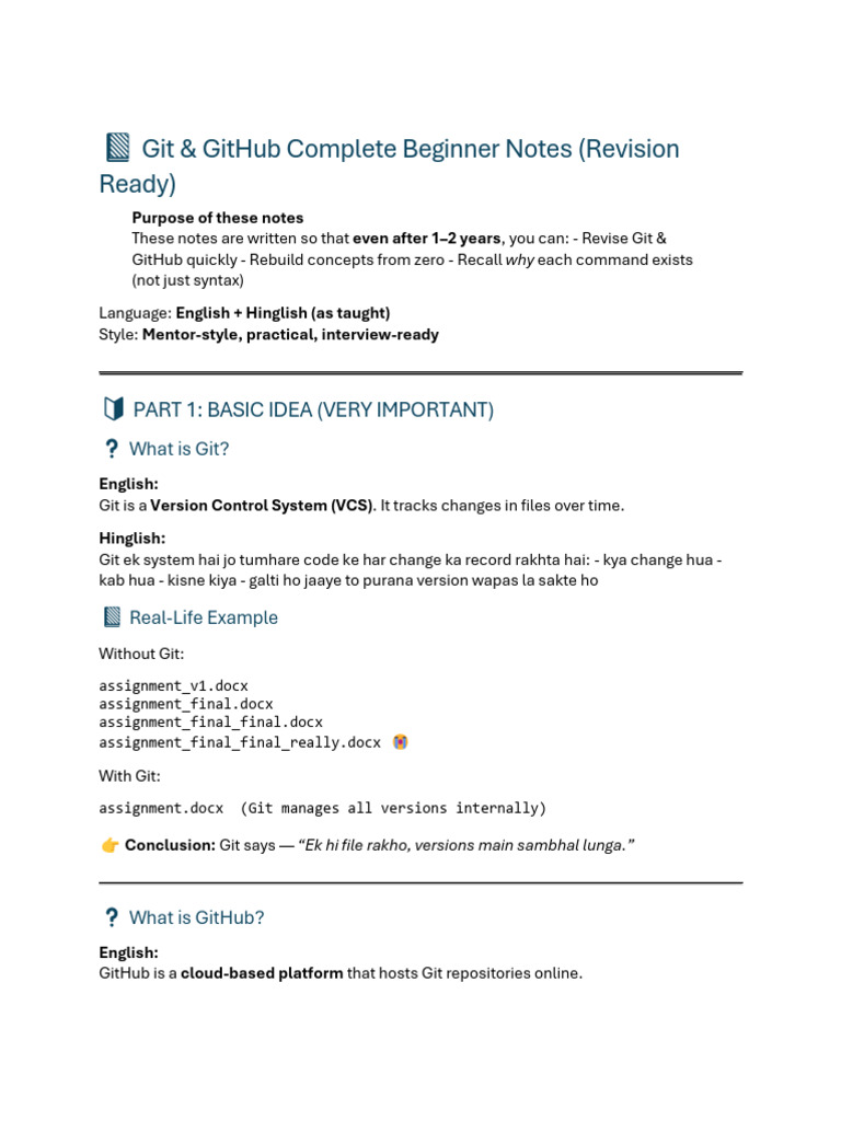 Git & Git Hub Complete Beginner Notes (Revision Ready) | PDF | Internet ...